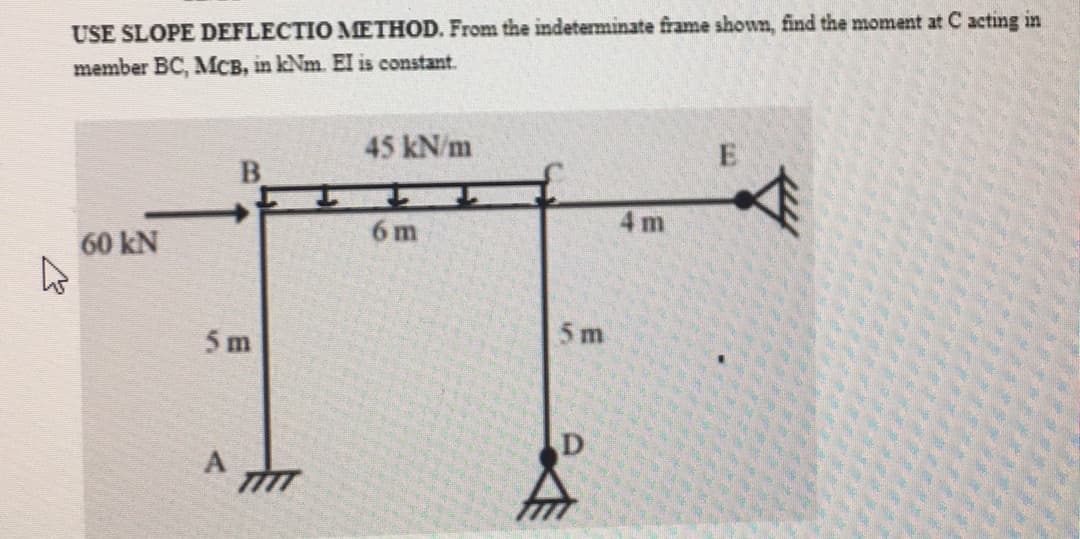 USE SLOPE DEFLECTIO METHOD. From the indeterminate frame shown, find the moment at C acting in
member BC, MCB, in kNm. El is constant.
60 kN
B
5 m
A
TTTT
45 kN/m
6 m
5 m
4 m
E
A