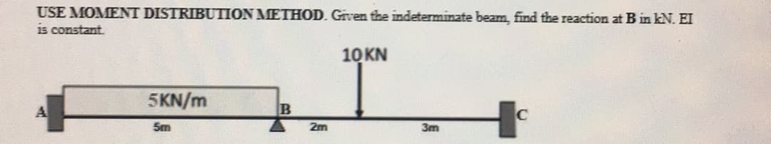 USE MOMENT DISTRIBUTION METHOD. Given the indeterminate beam, find the reaction at B in kN. EI
is constant.
A
5KN/m
5m
B
2m
10 KN
3m