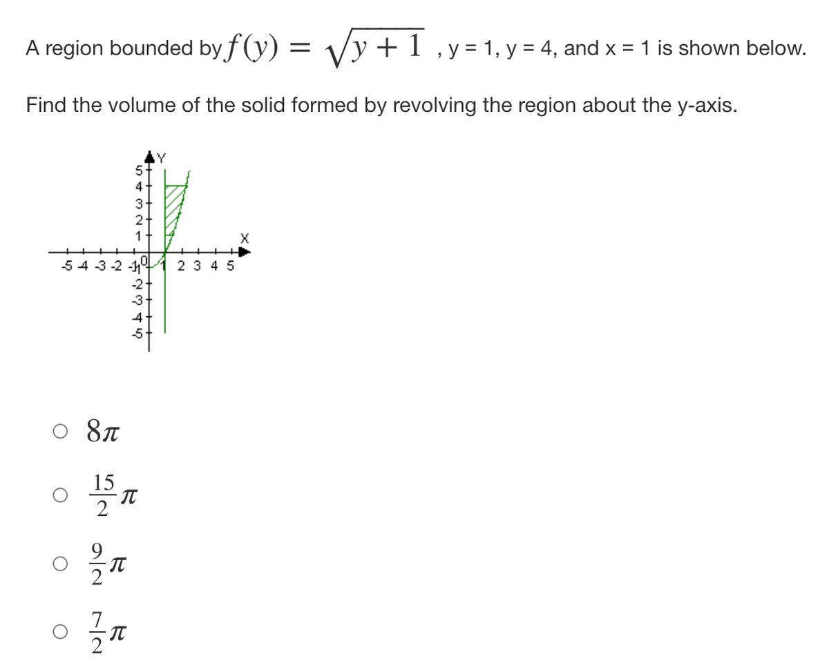 A region bounded by f(y) :
=
y+1, y = 1, y = 4, and x = 1 is shown below.
Find the volume of the solid formed by revolving the region about the y-axis.
5
4
3+
1
+
5 4 3 -2 -11⁰
2 3 4 5
-2-
-3-
O
O
8π
15
2
9/2
Na
7
2
327
15345
R
π
Tπ
la++++▬▬▬▬▬