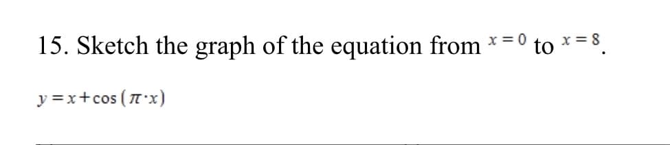 15. Sketch the graph of the equation from
x = 0
to
x = 8
y =x+cos ( T'x)
