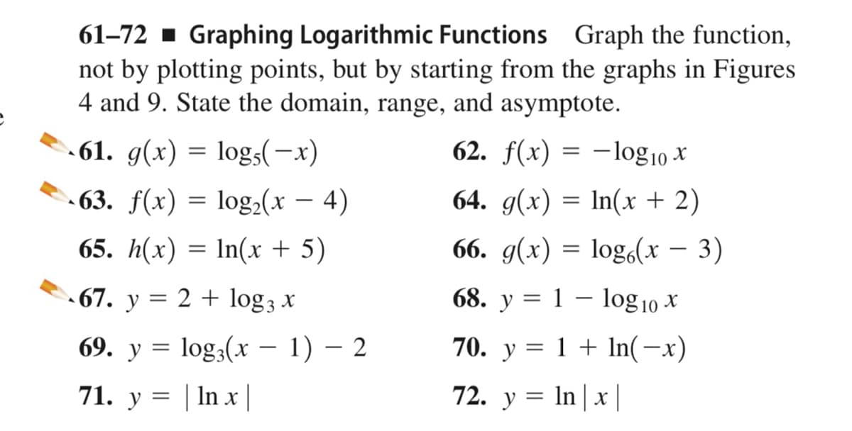 61–72 1 Graphing Logarithmic Functions Graph the function,
not by plotting points, but by starting from the graphs in Figures
4 and 9. State the domain, range, and asymptote.
- 61. g(x) = logs(-x)
62. f(x) = -log10 x
- 63. f(x) = log,(x – 4)
64. g(x) = In(x + 2)
65. h(x) = In(x + 5)
66. g(x) %3D logo(х — 3)
- 67. y = 2 + log3 x
68. y = 1 – log 10 X
69. у %3D log,(х — 1) — 2
70. y = 1 + In(-x)
71. y = | In x |
72. y = In |x |
