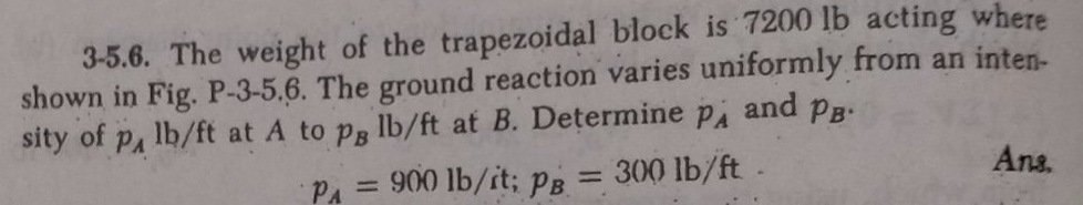 3-5.6. The weight of the trapezoidal block is 7200 lb acting where
shown in Fig. P-3-5.6. The ground reaction varies uniformly from an inten-
sity of pA lb/ft at A to pg lb/ft at B. Determine pA and pB.
PA
900 lb/it; Pg = 300 lb/ft
Ans.
%3D
