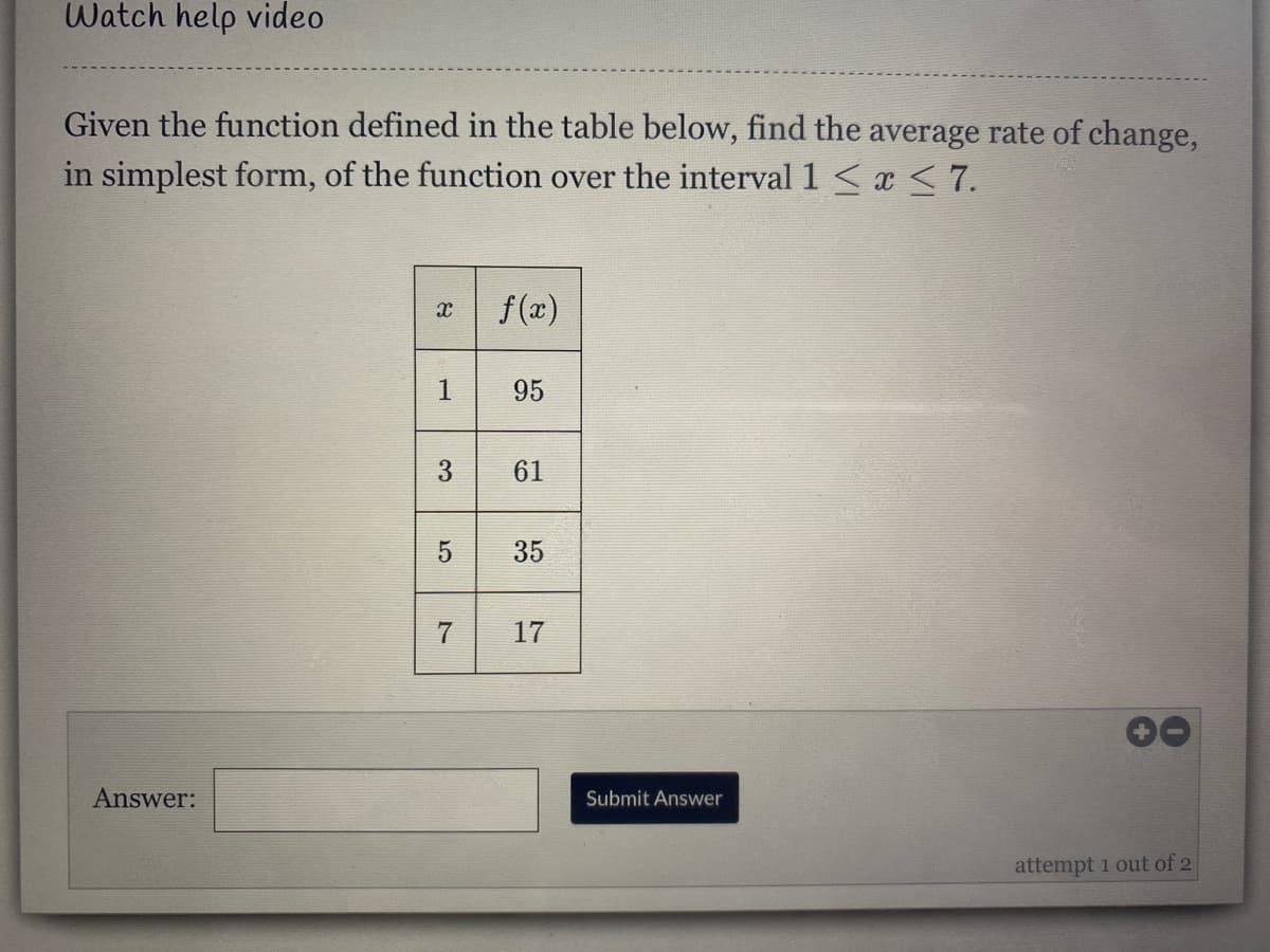 Watch help video
Given the function defined in the table below, find the average rate of change,
in simplest form, of the function over the interval 1 <x <7.
f(x)
95
61
5
35
17
Answer:
Submit Answer
attempt 1 out of 2
3.
