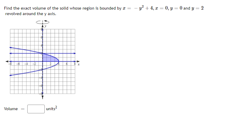 Find the exact volume of the solid whose region is bounded by r = - y? + 4, x = 0, y = 0 and y
2
%3D
revolved around the y axis.
Volume
units?
