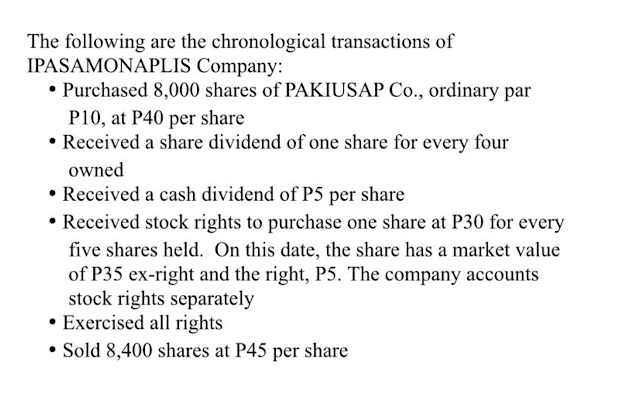 The following are the chronological transactions of
IPASAMONAPLIS Company:
• Purchased 8,000 shares of PAKIUSAP Co., ordinary par
P10, at P40 per share
• Received a share dividend of one share for every four
owned
• Received a cash dividend of P5 per share
• Received stock rights to purchase one share at P30 for every
five shares held. On this date, the share has a market value
of P35 ex-right and the right, P5. The company accounts
stock rights separately
• Exercised all rights
• Sold 8,400 shares at P45 per share
