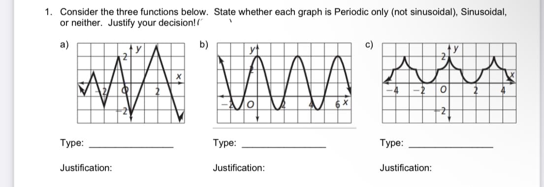 1. Consider the three functions below. State whether each graph is Periodic only (not sinusoidal), Sinusoidal,
or neither. Justify your decision! /
a)
y
b)
yt
с)
-2
Туре:
Туре:
Туре:
Justification:
Justification:
Justification:
