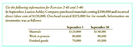 Uie the following information for Exercises 2-45 and 2-46:
In September, Lauren Ashky Company purchased materials costing $200,000 and incurred
direct labor cost of $120,000. Overhead tocaled $325.000 for the month. Information on
inventories was as follows:
Scptember 1
Scptcmber 30
Materials
$120.000
S130,000
Work in process
80,000
90,000
Finished goods
70,000
65,000

