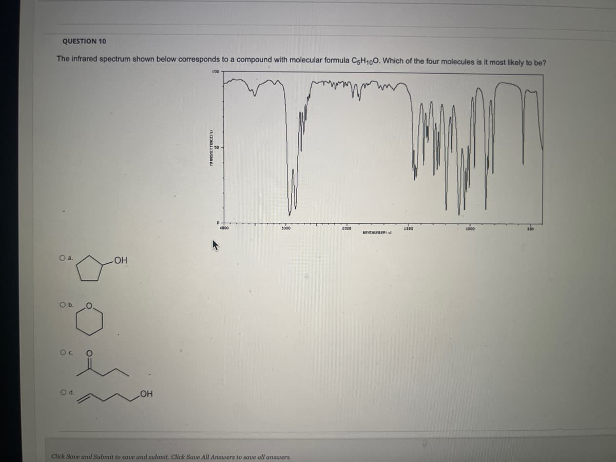 QUESTION 10
The infrared spectrum shown below corresponds to a compound with molecular formula C5H100. Which of the four molecules is it most likely to be?
O a.
O
O b.
Oc
O d.
OH
OH
100
IT D
4000
Click Save and Submit to save and submit. Click Save All Answers to save all answers.
2000
RAVENUMBER
1500