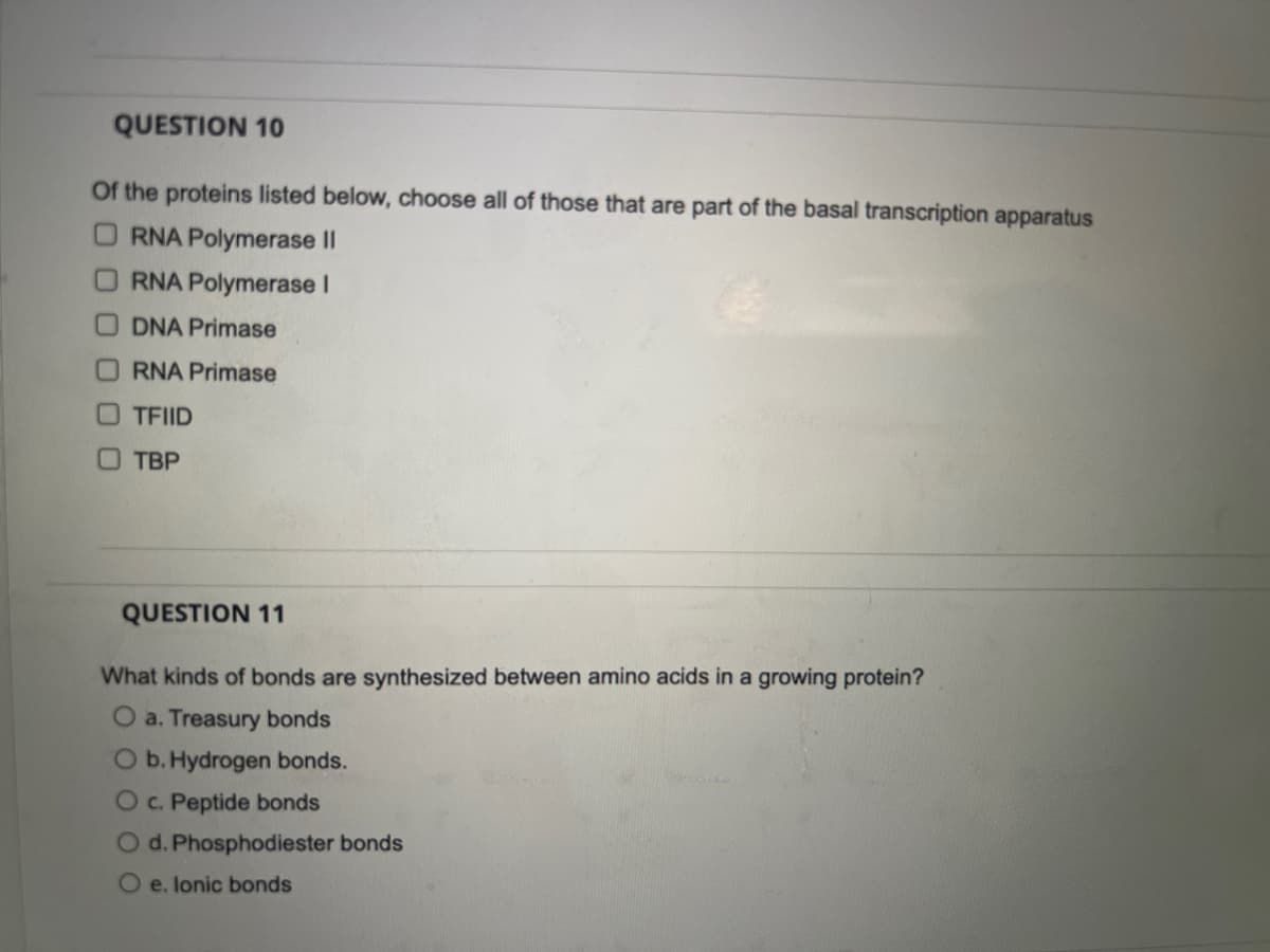 QUESTION 10
Of the proteins listed below, choose all of those that are part of the basal transcription apparatus
RNA Polymerase II
RNA Polymerase I
ODNA Primase
ORNA Primase
TFIID
TBP
QUESTION 11
What kinds of bonds are synthesized between amino acids in a growing protein?
O a. Treasury bonds
O b. Hydrogen bonds.
O c. Peptide bonds
O d. Phosphodiester bonds
O e. lonic bonds
