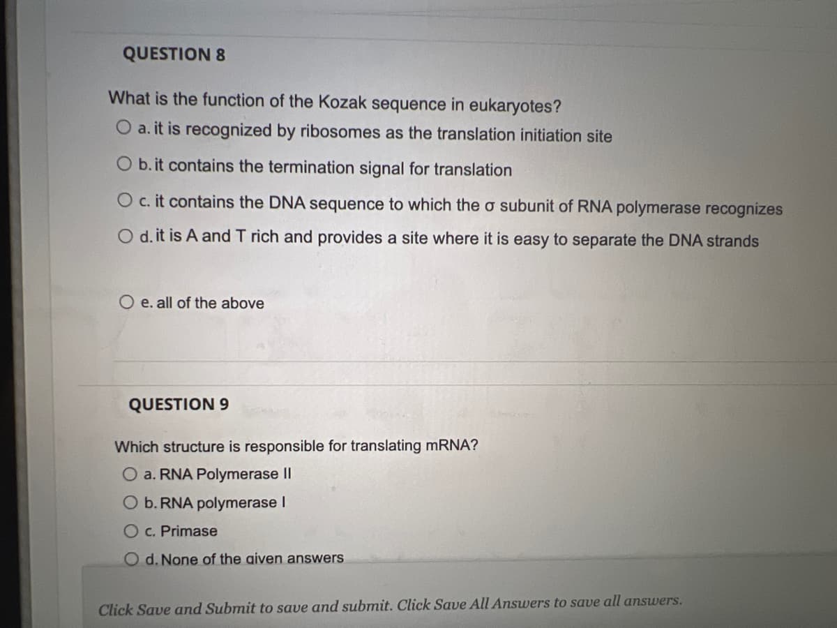 QUESTION 8
What is the function of the Kozak sequence in eukaryotes?
O a. it is recognized by ribosomes as the translation initiation site
O b. it contains the termination signal for translation
O c. it contains the DNA sequence to which the o subunit of RNA polymerase recognizes
O d. it is A and T rich and provides a site where it is easy to separate the DNA strands
O e. all of the above
QUESTION 9
Which structure is responsible for translating mRNA?
O a. RNA Polymerase II
O b. RNA polymerase I
O c. Primase
O d. None of the aiven answers
Click Save and Submit to save and submit. Click Save All Ansuwers to save all answers.
