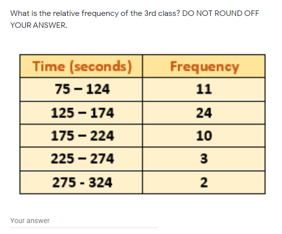What is the relative frequency of the 3rd class? DO NOT ROUND OFF
YOUR ANSWER.
Time (seconds)
Frequency
75 - 124
11
125 - 174
24
175 - 224
10
225 – 274
275 - 324
2
Your answer
