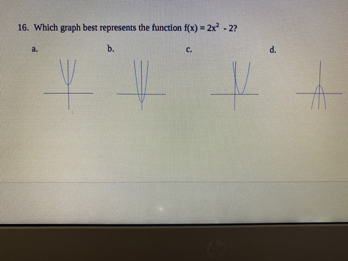 16. Which graph best represents the function f(x) = 2x - 2?
a.
b.
C.
d.
