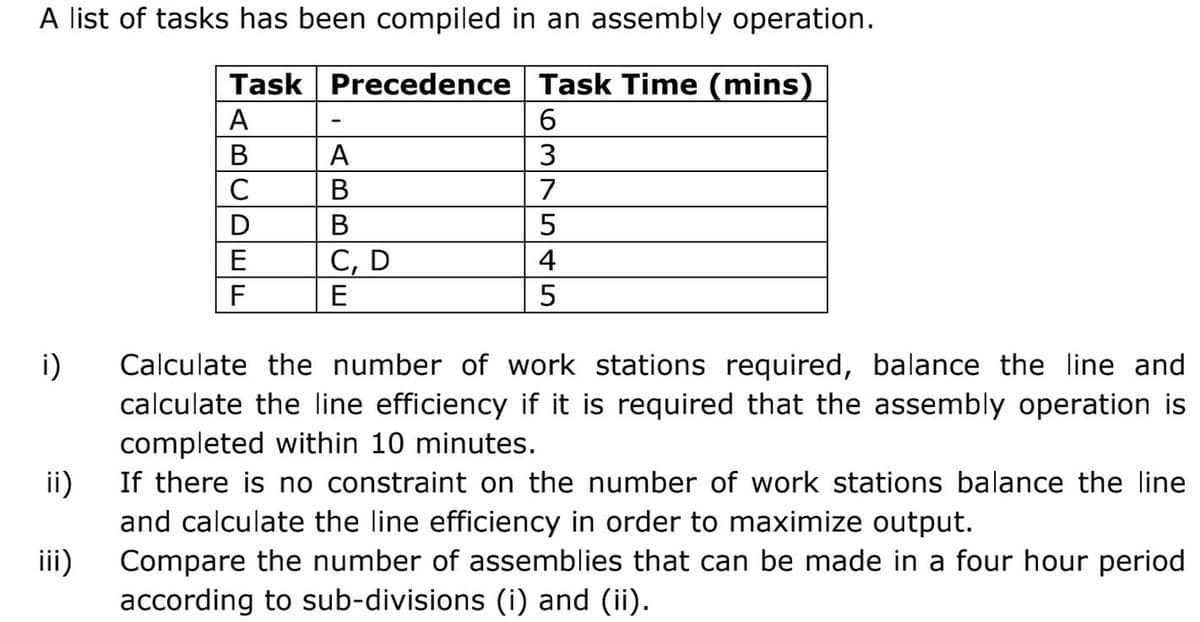 A list of tasks has been compiled in an assembly operation.
Task Precedence Task Time (mins)
A
6.
В
C
А
В
7
D
В
E
С, D
4
E
i)
Calculate the number of work stations required, balance the line and
calculate the line efficiency if it is required that the assembly operation is
completed within 10 minutes.
If there is no constraint on the number of work stations balance the line
ii)
and calculate the line efficiency in order to maximize output.
ii)
Compare the number of assemblies that can be made in a four hour period
according to sub-divisions (i) and (ii).
