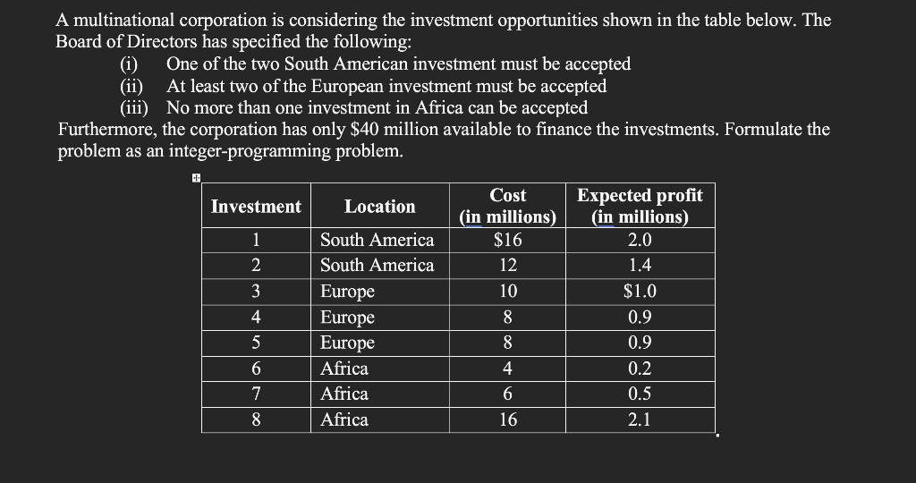 A multinational corporation is considering the investment opportunities shown in the table below. The
Board of Directors has specified the following:
One of the two South American investment must be accepted
At least two of the European investment must be accepted
No more than one investment in Africa can be accepted
Furthermore, the corporation has only $40 million available to finance the investments. Formulate the
problem as an integer-programming problem.
(i)
(ii)
(iii)
Investment
1
2
3
4
5
6
7
8
Location
South America
South America
Europe
Europe
Europe
Africa
Africa
Africa
Cost
(in millions)
$16
12
10
8
8
4
6
16
Expected profit
(in millions)
2.0
1.4
$1.0
0.9
0.9
0.2
0.5
2.1