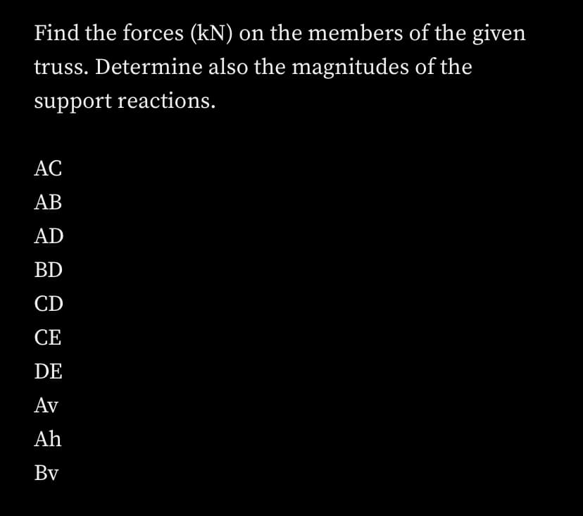 Find the forces (kN) on the members of the given
truss. Determine also the magnitudes of the
support reactions.
АС
АВ
AD
BD
CD
СЕ
DE
Av
Ah
Bv
