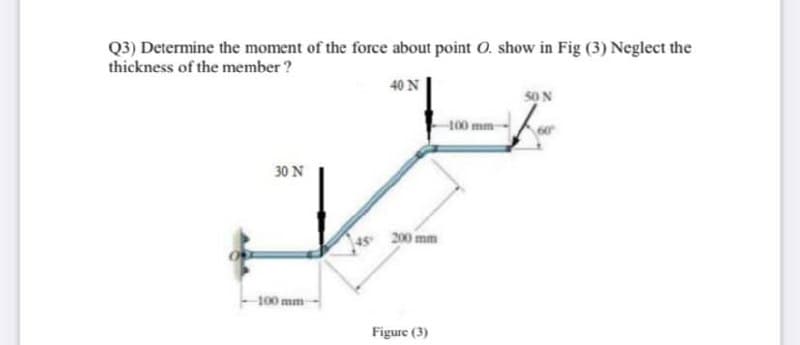 Q3) Determine the moment of the force about point O. show in Fig (3) Neglect the
thickness of the member?
30 N
یت
40 N
-100 mm-
200 mm
Figure (3)
50 N