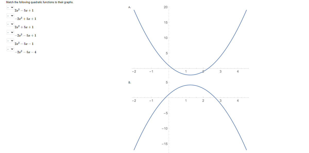 Match the following quadratic functions to their graphs.
A.
20
2x2 – 5x +1
-2x2 + 5x + 1
15
272 + 5z + 1
-2x2
5x + 1
10
2:22
5x – 1
-2x?
5а — 4
5
-2
-1
3
4
В.
5
-2
-1
3
-5
-10
-15
