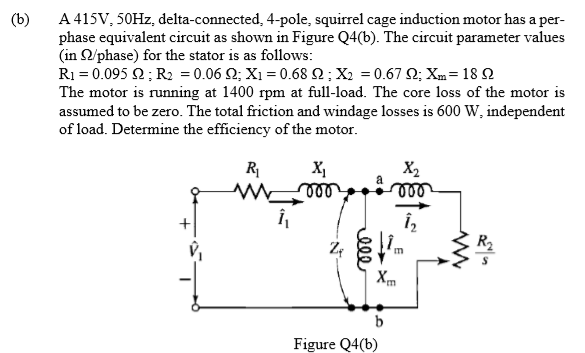 |A 415V, 50HZ, delta-connected, 4-pole, squirrel cage induction motor has a per-
phase equivalent circuit as shown in Figure Q4(b). The circuit parameter values
| (in /phase) for the stator is as follows:
R1 = 0.095 2 ; R2 = 0.06 2; X1 = 0.68 N;X2 = 0.67 Q; Xm= 18 Q
The motor is running at 1400 rpm at full-load. The core loss of the motor is
assumed to be zero. The total friction and windage losses is 600 W, independent
of load. Determine the efficiency of the motor.
