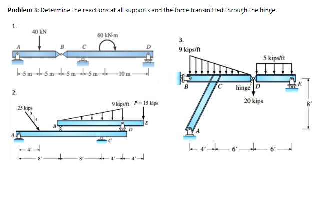 Problem 3: Determine the reactions at all supports and the force transmitted through the hinge.
1.
40 kN
60 kN-m
3.
9 kips/ft
5 kips/ft
ksm-k-s m--k-5 me-5 m-dk–10 m -
hinge D
2.
20 kips
9 kips/ft P= 15 kips
25 kips
E
B
D
