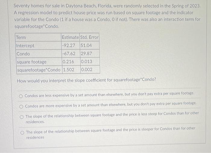 Seventy homes for sale in Daytona Beach, Florida, were randomly selected in the Spring of 2023.
A regression model to predict house price was run based on square footage and the indicator
variable for the Condo (1 if a house was a Condo, O if not). There was also an interaction term for
squarefootage Condo.
Term
Intercept
Condo
square footage
Estimate Std. Error
-92.27
51.04
-67.62 29.87
0.216 0.013
0.002
squarefootage Condo 1.502
How would you interpret the slope coefficient for squarefootage Condo?
Condos are less expensive by a set amount than elsewhere, but you don't pay extra per square footage.
O Condos are more expensive by a set amount than elsewhere, but you don't pay extra per square footage.
The slope of the relationship between square footage and the price is less steep for Condos than for other
residences.
The slope of the relationship between square footage and the price is steeper for Condos than for other
residences