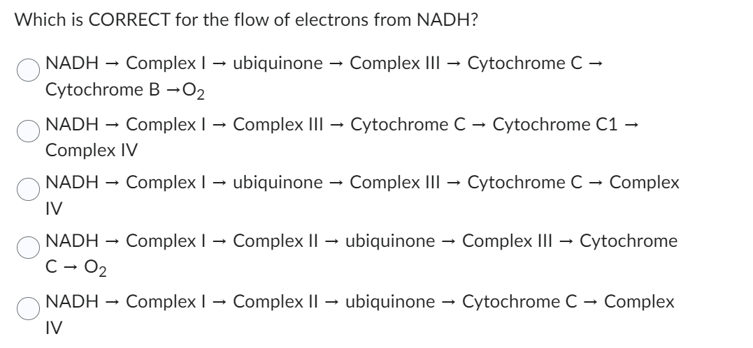 Which is CORRECT for the flow of electrons from NADH?
NADH Complex I → ubiquinone Complex III → Cytochrome C -
Cytochrome B →O₂
NADH Complex I Complex III → Cytochrome C → Cytochrome C1 →
Complex IV
NADH
Complex I → ubiquinone
IV
NADH
C - 0₂
NADH
IV
Complex I
Complex I
→
Complex III
Cytochrome C → Complex
Complex II → ubiquinone → Complex III Cytochrome
Complex II ubiquinone →→ Cytochrome C Complex
