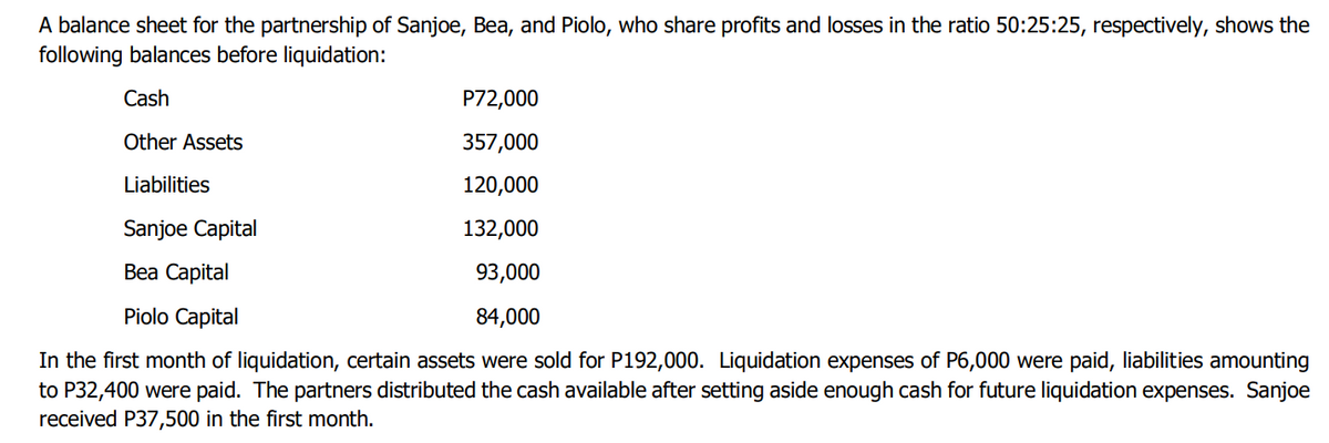 A balance sheet for the partnership of Sanjoe, Bea, and Piolo, who share profits and losses in the ratio 50:25:25, respectively, shows the
following balances before liquidation:
Cash
P72,000
Other Assets
357,000
Liabilities
120,000
Sanjoe Capital
132,000
Bea Capital
93,000
Piolo Capital
84,000
In the first month of liquidation, certain assets were sold for P192,000. Liquidation expenses of P6,000 were paid, liabilities amounting
to P32,400 were paid. The partners distributed the cash available after setting aside enough cash for future liquidation expenses. Sanjoe
received P37,500 in the first month.
