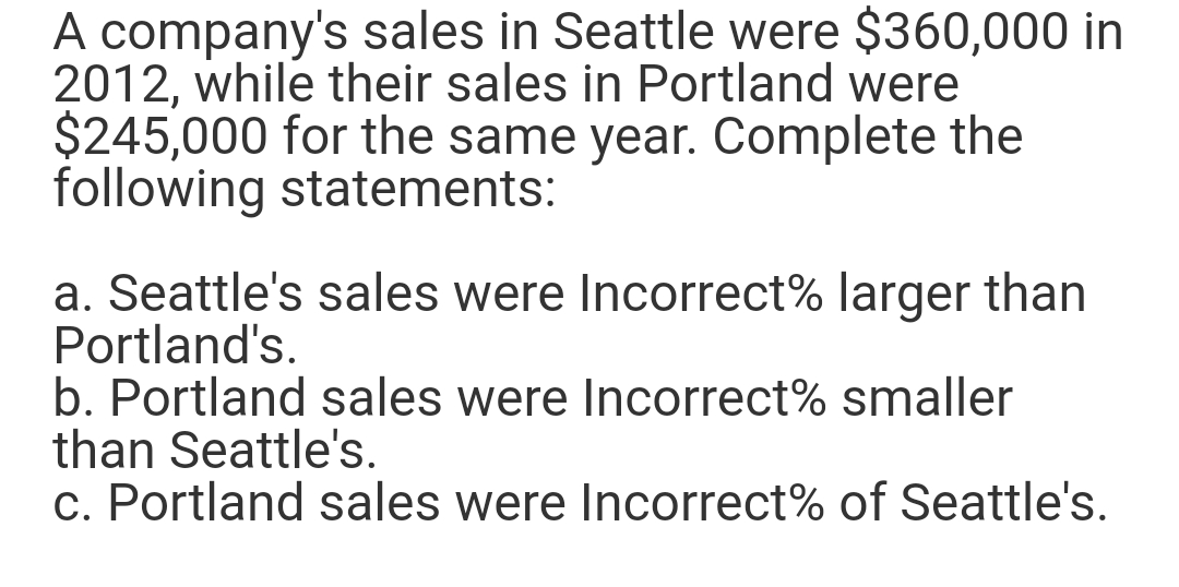 A company's sales in Seattle were $360,000 in
2012, while their sales in Portland were
$245,000 for the same year. Complete the
following statements:
a. Seattle's sales were Incorrect% larger than
Portland's.
b. Portland sales were Incorrect% smaller
than Seattle's.
c. Portland sales were Incorrect% of Seattle's.