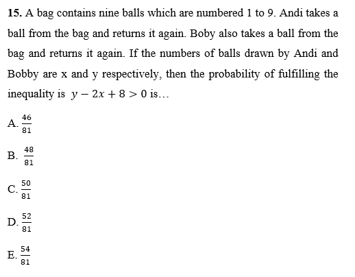 15. A bag contains nine balls which are numbered 1 to 9. Andi takes a
ball from the bag and returns it again. Boby also takes a ball from the
bag and returns it again. If the numbers of balls drawn by Andi and
Bobby are x and y respectively, then the probability of fulfilling the
inequality is y – 2x + 8 > 0 is...
46
А.
81
48
81
50
C.
81
52
D.
81
54
Е.
81
B.
