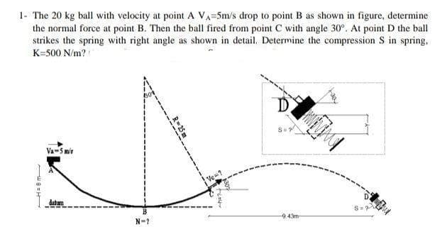 1- The 20 kg ball with velocity at point A VA=5m/s drop to point B as shown in figure, determine
the normal force at point B. Then the ball fired from point C with angle 30°. At point D the ball
strikes the spring with right angle as shown in detail. Determine the compression S in spring,
K=500 N/m?
Va-5 mie
datam
S=
0.43m-
N-1
R=25 m
-----
