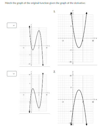 Match the graph of the original function given the graph of the derivative.
1.
-10
2.
10
