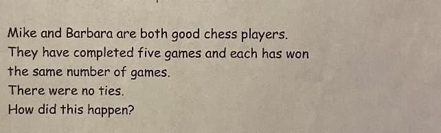 Mike and Barbara are both good chess players.
They have completed five games and each has won
the same number of games.
There were no ties.
How did this happen?
