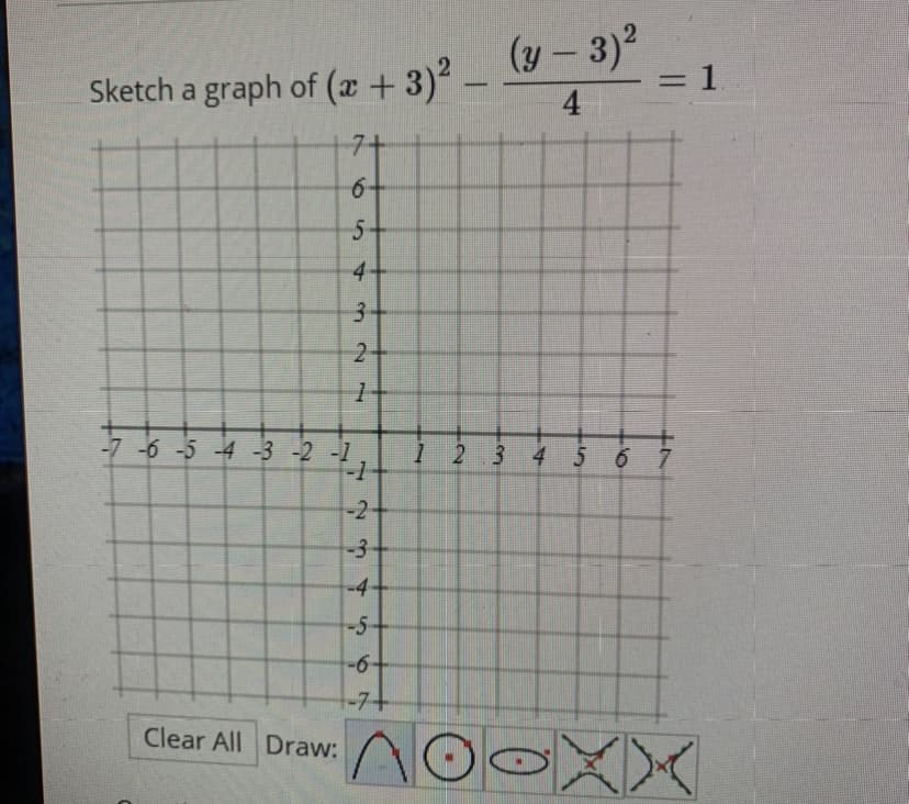 Sketch a graph of (x + 3) -
4
(y-3)2
= 1
7+
6-
5-
4+
3-
2+
-7-6-5-4 -3 -2 -1
F-1
1 2.3 4 5 6 7
-4+
-5-
-7+
Clear All Draw:
101
2.
3.
