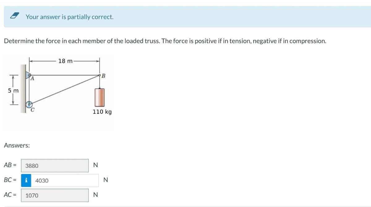 Determine the force in each member of the loaded truss. The force is positive if in tension, negative if in compression.
5m
Answers:
AB =
Your answer is partially correct.
BC =
AC =
3880
i 4030
1070
18 m
110 kg
N
B
N
N