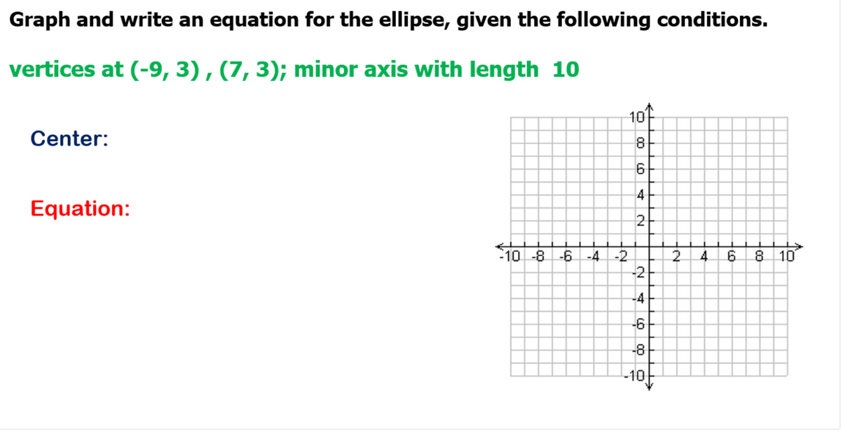 Graph and write an equation for the ellipse, given the following conditions.
vertices at (-9, 3), (7, 3); minor axis with length 10
Center:
Equation:
10 -8 -6 -4 -2
10
8
LO
6
4
2
-2
-4
-6
-8
-10
L
2
A
LO
8 10