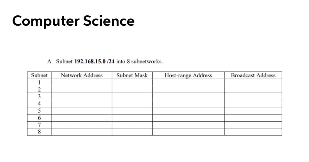 Computer Science
A. Subnet 192.168.15.0 /24 into 8 subnetworks.
Subnet
Network Address
Subnet Mask
Host-range Address
Broadcast Address
2
3
4
5
7
