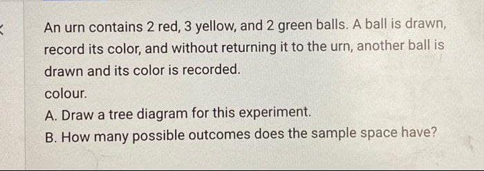 X
An urn contains 2 red, 3 yellow, and 2 green balls. A ball is drawn,
record its color, and without returning it to the urn, another ball is
drawn and its color is recorded.
colour.
A. Draw a tree diagram for this experiment.
B. How many possible outcomes does the sample space have?