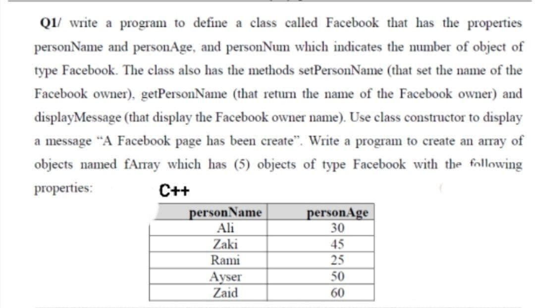 Q1/ write a program to define a class called Facebook that has the properties
personName and personAge, and personNum which indicates the number of object of
type Facebook. The class also has the methods setPersonName (that set the name of the
Facebook owner), getPersonName (that return the name of the Facebook owner) and
displayMessage (that display the Facebook owner name). Use class constructor to display
a message "A Facebook page has been create". Write a program to create an array of
objects named fAray which has (5) objects of type Facebook with the following
properties:
C++
person Name
Ali
personAge
30
45
25
Zaki
Rami
Ayser
Zaid
50
60
