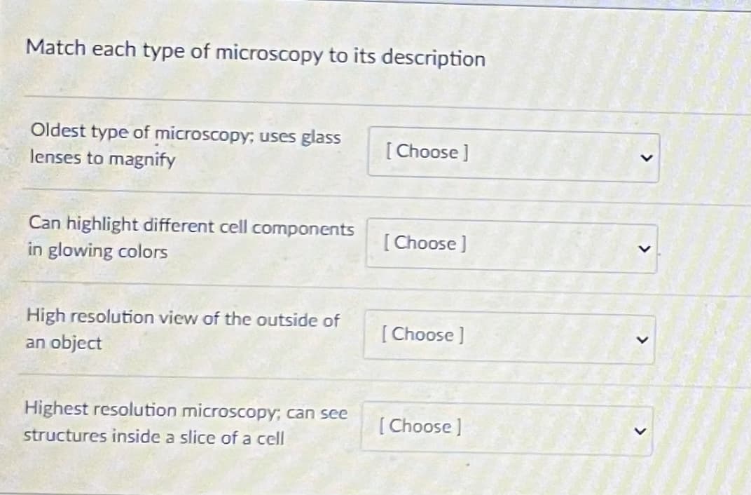 Match each type of microscopy to its description
Oldest type of microscopy; uses glass
lenses to magnify
Can highlight different cell components
in glowing colors
High resolution view of the outside of
an object
Highest resolution microscopy; can see
structures inside a slice of a cell
[Choose ]
[Choose]
[Choose]
[Choose ]