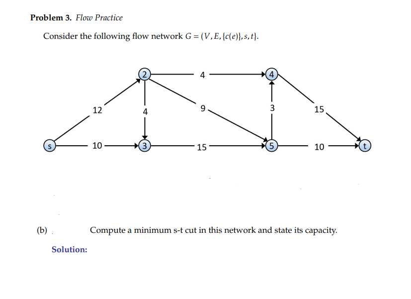 Problem 3. Flow Practice
Consider the following flow network G = (V,E, {c(e)}, s, t}.
12
4
9.
3
15
10 -
(3
15
5.
10
t
(b)
Compute a minimum s-t cut in this network and state its capacity.
Solution:
