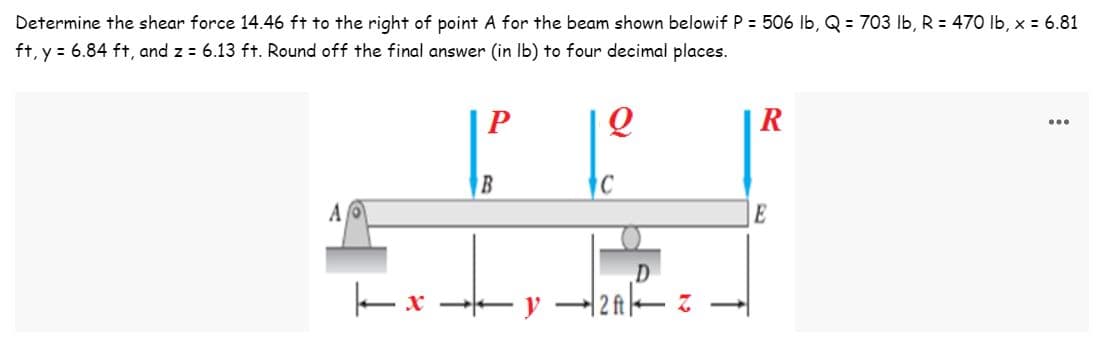 Determine the shear force 14.46 ft to the right of point A for the beam shown belowif P = 506 lb, Q = 703 lb, R = 470 lb, x = 6.81
ft, y = 6.84 ft, and z = 6.13 ft. Round off the final answer (in lb) to four decimal places.
P
Q
R
AO
kx
B
C
D
Z
E