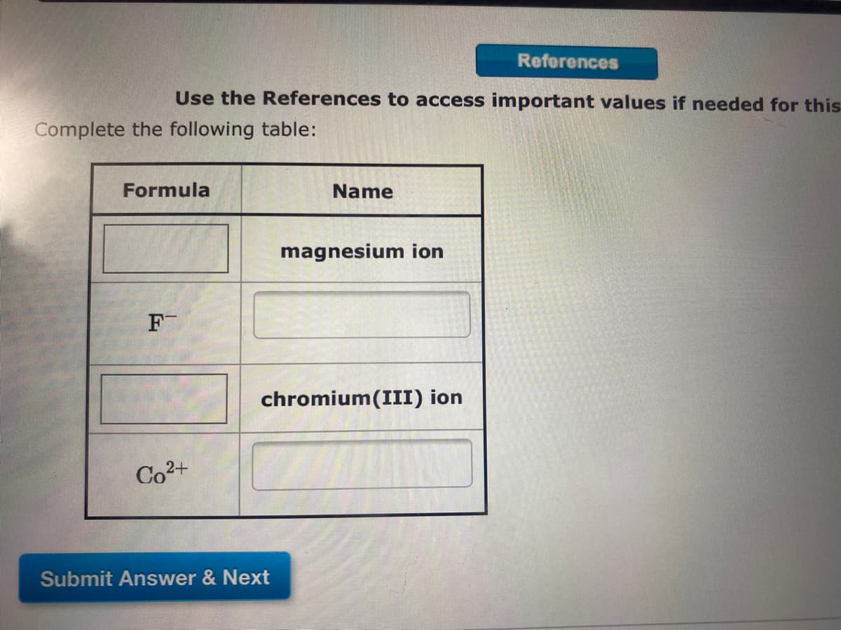 References
Use the References to access important values if needed for this
Complete the following table:
Formula
Name
magnesium ion
F
chromium(III) ion
Co2+
Submit Answer & Next
