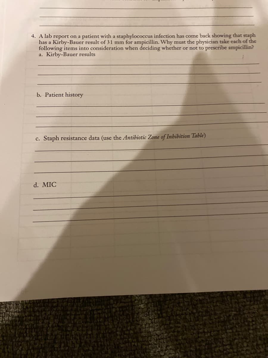 4. A lab report on a patient with a staphylococcus infection has come back showing that staph
has a Kirby-Bauer result of 31 mm for ampicillin. Why must the physician take each of the
following items into consideration when deciding whether or not to prescribe ampicillin?
a. Kirby-Bauer results
b. Patient history
c. Staph resistance data (use the Antibiotic Zone of Inhibition Table)
d. MIC
