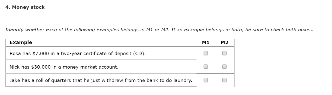 4. Money stock
Identify whether each of the following examples belongs in M1 or M2. If an example belongs in both, be sure to check both boxes.
Example
M1
M2
Rosa has $7,000 in a two-year certificate of deposit (CD).
Nick has $30,000 in a money market account.
Jake has a roll of quarters that he just withdrew from the
bank to
do laundry.
