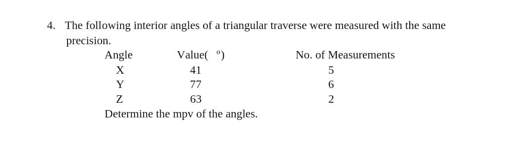 4. The following interior angles of a triangular traverse were measured with the same
precision.
Angle
Value( °)
No. of Measurements
X
41
Y
77
6.
Z
63
Determine the mpv of the angles.
