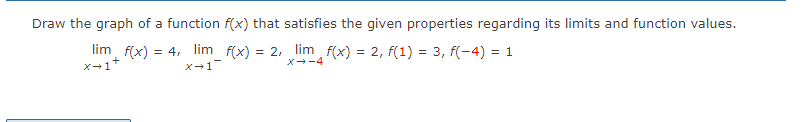 Draw the graph of a function f(x) that satisfies the given properties regarding its limits and function values.
lim f(x) = 4, lim_ f(x) = 2, lim f(x) = 2, f(1) = 3, f(-4) = 1
%3D
X--4
メ→1
