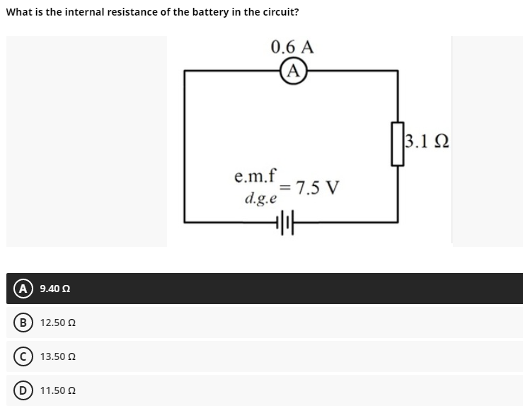 What is the internal resistance of the battery in the circuit?
0.6 Α
(A)
(Α) 9.40 Ω
(Β) 12.50 Ω
13.50 Ω
11.50 Ω
e.m.f
d.g.e
H
= 75 V
3.1 Ω