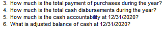 3. How much is the total payment of purchases during the year?
4. How much is the total cash disbursements during the year?
5. How much is the cash accountability at 12/31/2020?
6. What is adjusted balance of cash at 12/31/2020?
