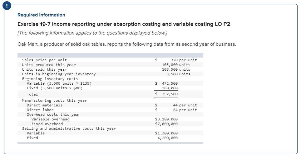 Required information
Exercise 19-7 Income reporting under absorption costing and variable costing LO P2
[The following information applies to the questions displayed below.]
Oak Mart, a producer of solid oak tables, reports the following data from its second year of business.
Sales price per unit
Units produced this year
Units sold this year
Units in beginning-year inventory
Beginning inventory costs
Variable (3,500 units x $135)
Fixed (3,500 units x $80)
Total
Manufacturing costs this year
Direct materials
Direct labor
Overhead costs this year
Variable overhead
Fixed overhead
Selling and administrative costs this year
Variable
Fixed
320 per unit
105,000 units
108,500 units
3,500 units
$ 472,500
280,000
$ 752,500
$
$
44 per unit
64 per unit
$3,200,000
$7,000,000
$1,300,000
4,200,000