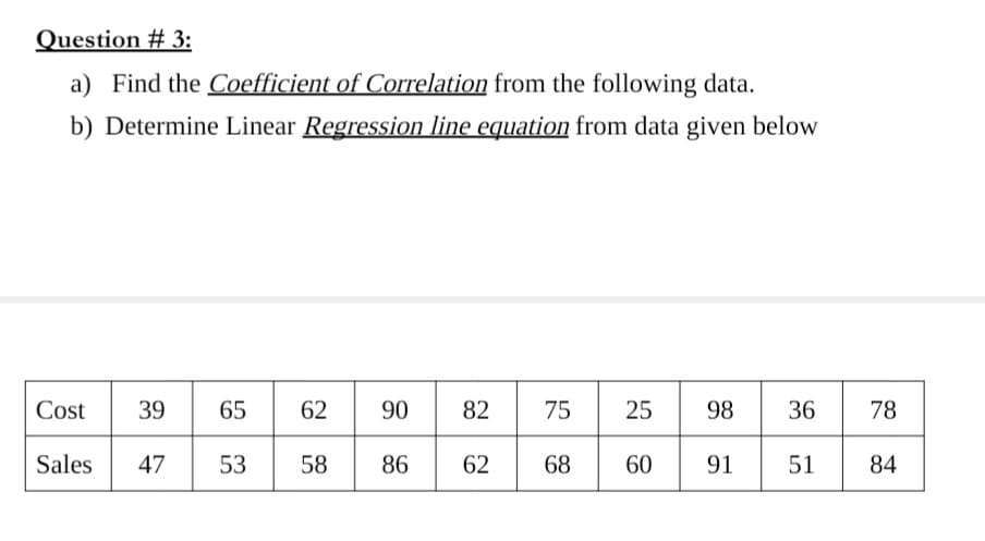 Question # 3:
a) Find the Coefficient of Correlation from the following data.
b) Determine Linear Regression line equation from data given below
Cost
39
65
62
90
82
75
25
98
36
78
Sales
47
53
58
86
62
68
60
91
51
84
