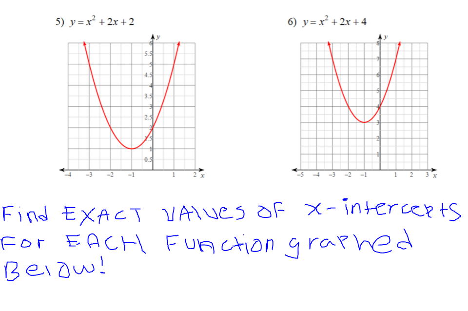 5) y =x² + 2x + 2
6) y=x² +2x + 4
5.5
4.5
3.5
2.5
0.5
-3
-2
-1
2 x
-2 -1
2
Find EXACT VAlUes of x-intercepts
For EACH FUAction graphed
Beiow!
|
1.
